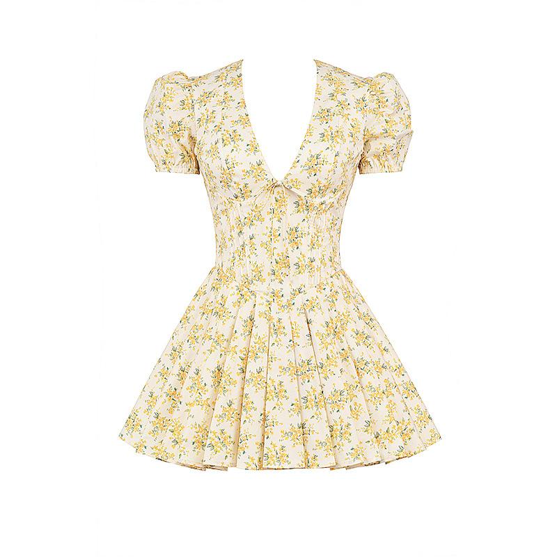 New European and American retro yellow floral dress deep V sexy short skirt strapped waist A-word skirt