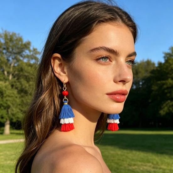 Серьги Многослойные Серьги-Кисточки Креативные Серьги с Подвесками в Цветах Флага: Красный, Белый и Синий Подарок на День Независимости 4 июля для Женщин
