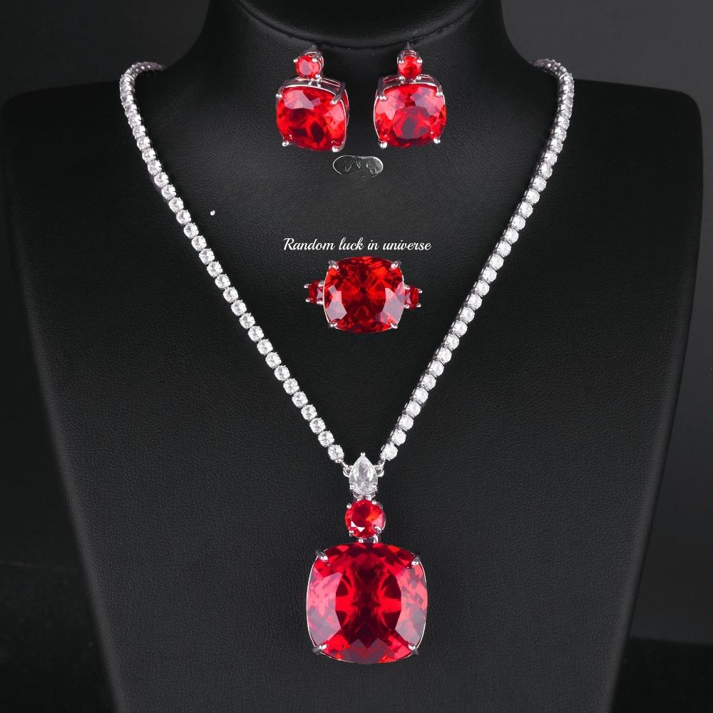 Luxury Simulated Pigeon Blood Ruby Jewelry Set Full Diamond Necklace Earrings Wedding Bride Party