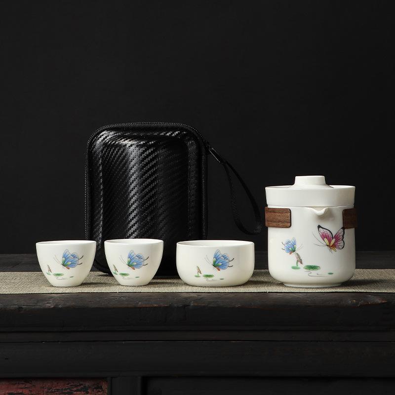 Suet jade porcelain travel tea set Peony embroidery business gift high-end tea set Portable travel tea set