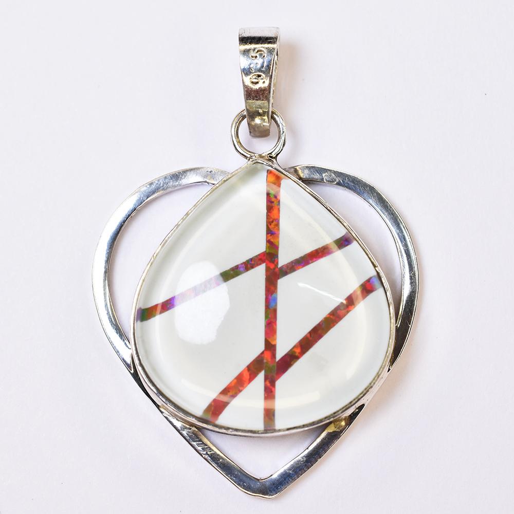 Natural White Opal Pendant -Fire Pear 38 ct 925 Sterling Silver October Birthday Birthstone