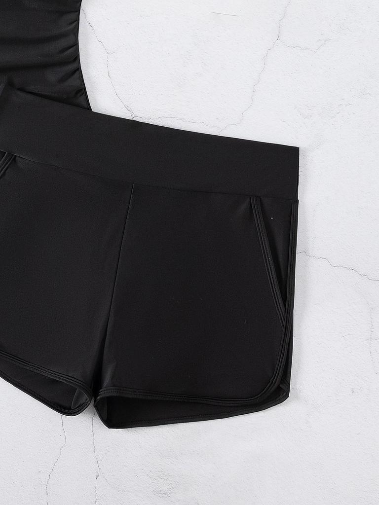 2025 Женский однотонный танкини с U-образным вырезом, шортиками и высокой талией