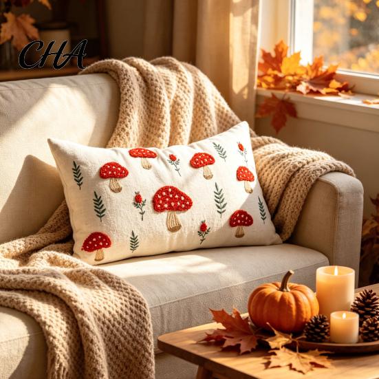Washable Decorative Pillow Shells Autumn Embroidered Pillowcase, Mushroom Leaf Throw Cover, 18"x18" 20"x12" Cozy Living Room Decor Farmhouse Cover for
