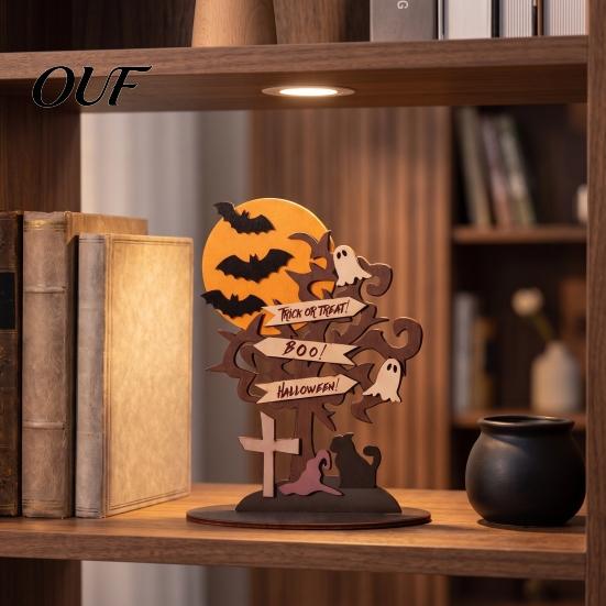 Wooden Ghost Ornaments Halloween Moon Bat And Dead Tree Tabletop Ornament, Decorative Figurines Table Centerpiece for Home Desktop Holiday Party
