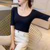 Mid-sleeved T-shirt Women's New Style of Front Shoulder Slim Short Top Autumn Dopamine Dress