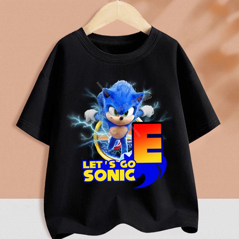 Sonics T-shirt for Children Cartoon A-Z Letter Tee Top Round Collar Clothing Summer Short Sleeve Kids Anime Partern Clothes Gift