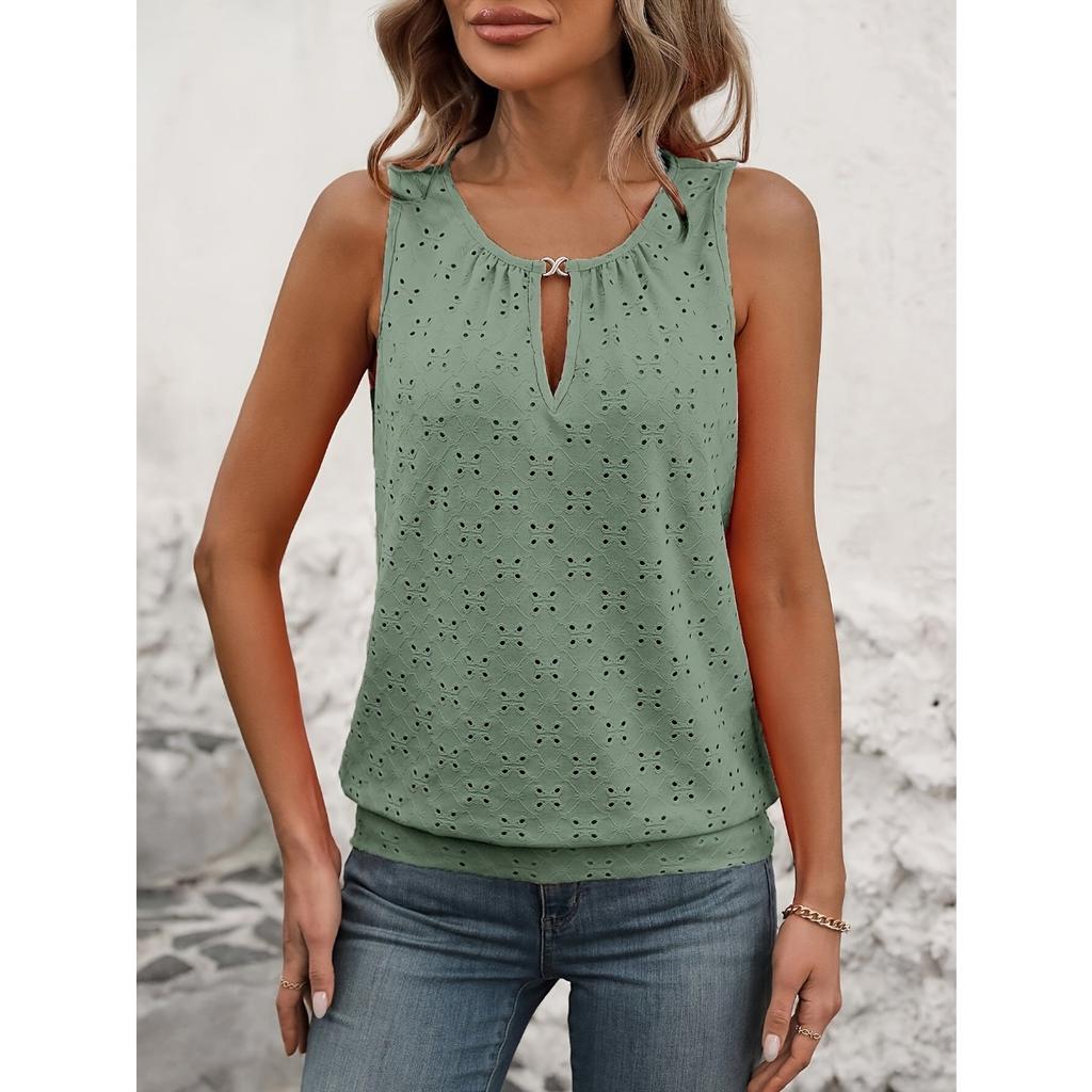 Ladies' Elegant Sleeveless Vest -Semi Transparent Round Neck Lightweight Top, Medium Stretch Casual, Sleeveless Butterfly Pattern, Non Transparent