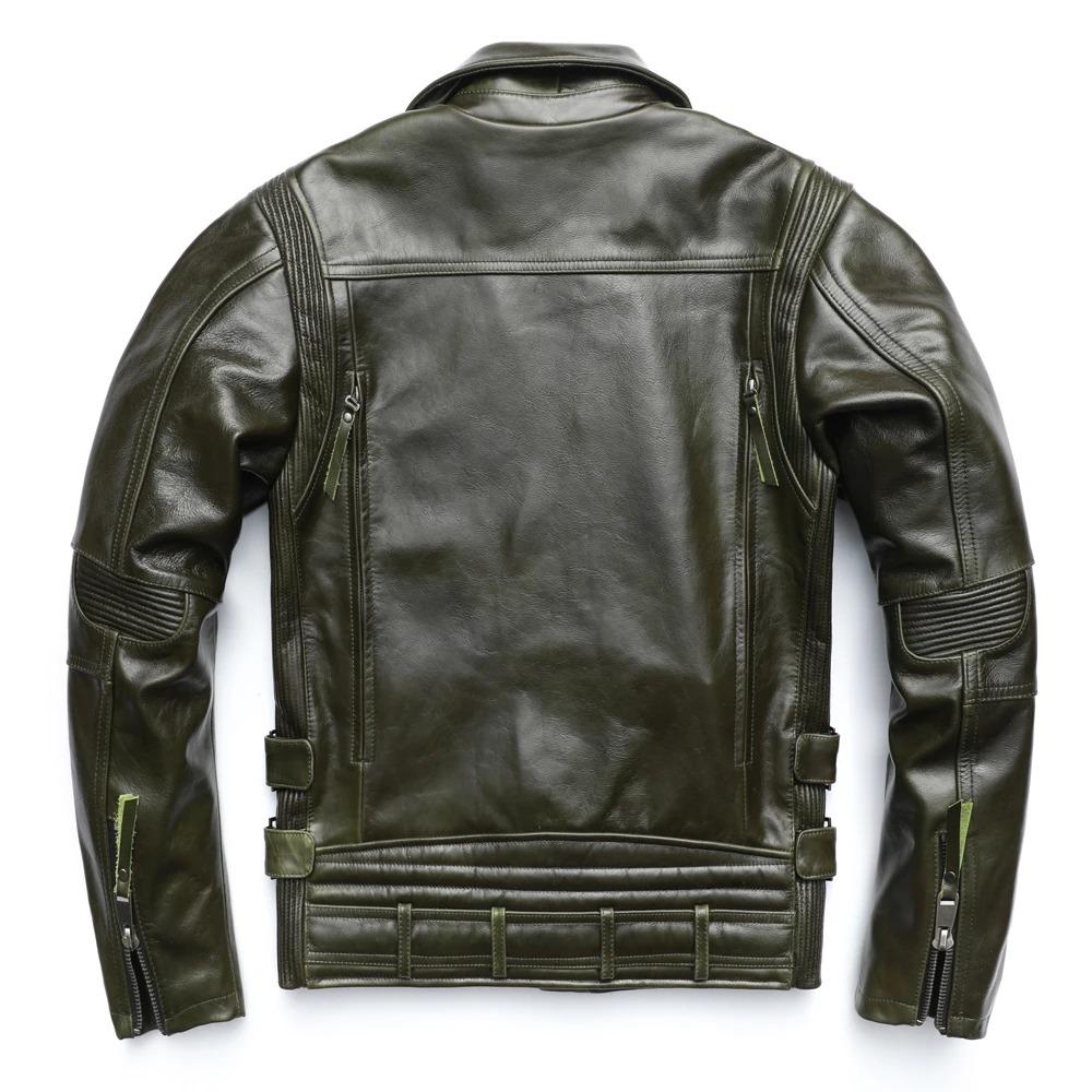 Chinese Size Unique Army Green Motorcycle Jacket Men Leather Jacket 100% Oil Wax Cowhide Motor Biker Jacket Male Leather Coat Winter M455