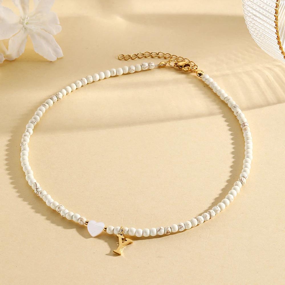 Bohemian Choker Neck Initial Necklaces Heart-shaped Shell Letter Pendant Beads Women's Stainless Steel Necklace Woman Trend2025