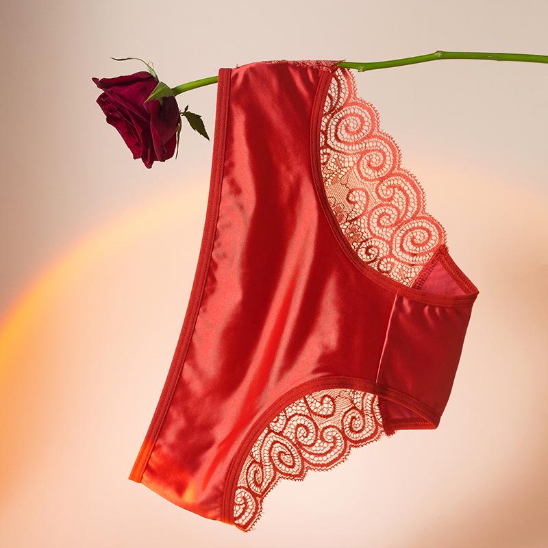 Французское розовое кружево Бесшовные сатиновые трусики – Женский элегантный стиль из ледяного шелка
