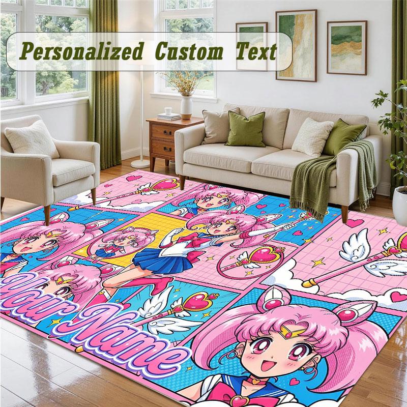 Crystal Velvet Square Rug Custom NameSailor Moon Pattern Non Slip Home Floor Decor Rug