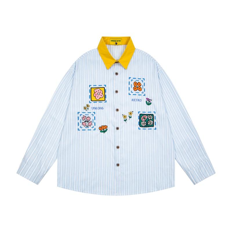 American Retro Colorful Floral Embroidered Striped Shirt Loose Fit Long Sleeve Top Teens