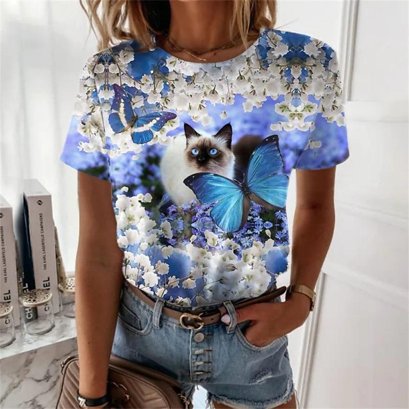 Мультяшная футболка с кошкой, милый кот, животное, 3D-печать, женская, с короткими рукавами