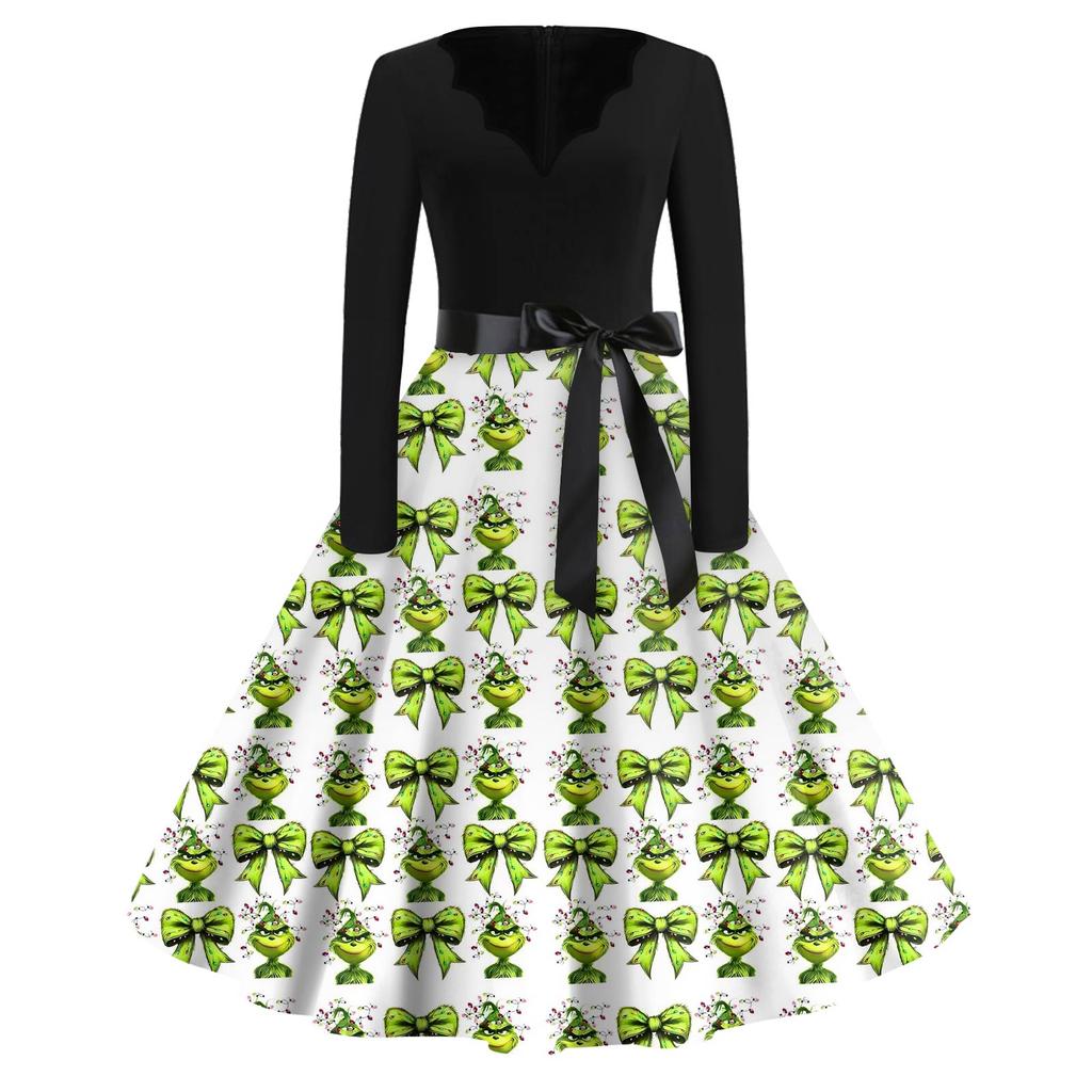 Women's Fashion V-neck Casual Slim-fit Christmas Print Long-sleeved Dress