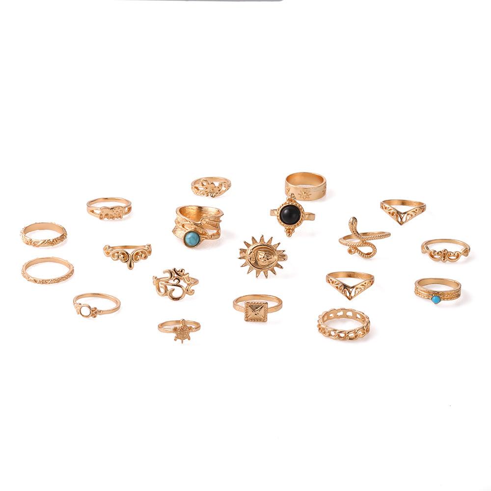 Набор бирюзовых колец через границу Змеевидный Черепаха Модный Черный Полый Слон Комбинация Набор из 19 предметов для женщин