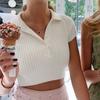 Y2K European and American Spring/Summer New Sexy Knitted Ribbed Polo Neck with Naked Navel Solid Short Sleeved Top for Women