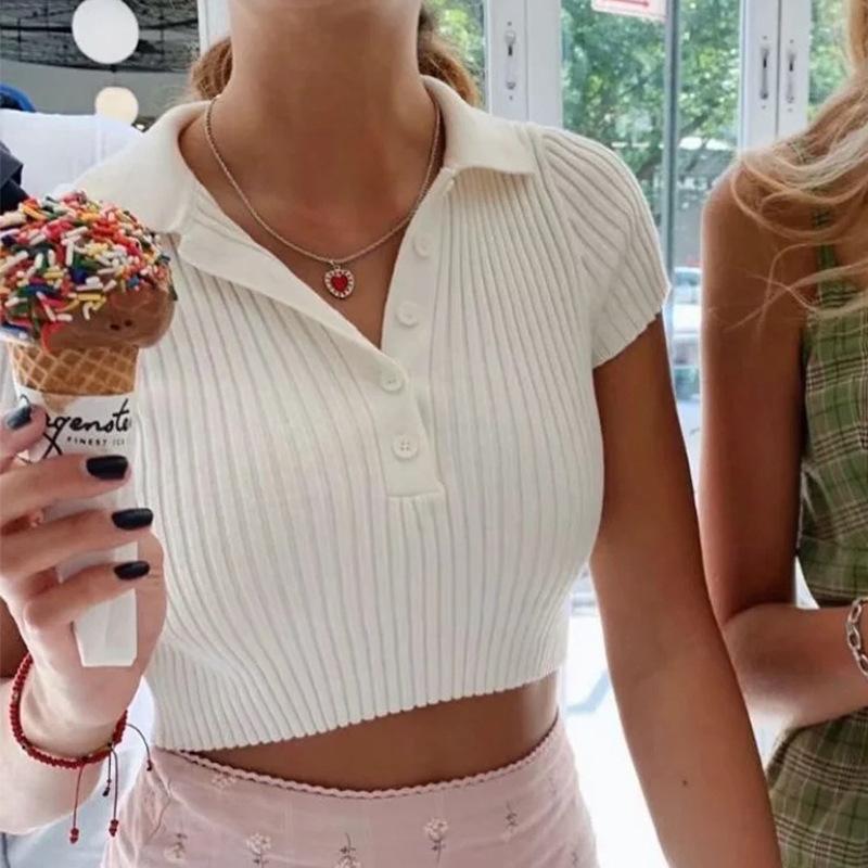 Y2K European and American Spring/Summer New Sexy Knitted Ribbed Polo Neck with Naked Navel Solid Short Sleeved Top for Women