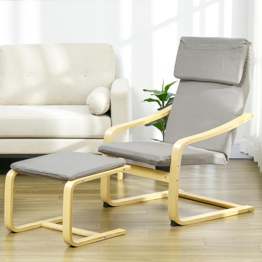 Lounge Chair with Footstool, Linen-Look Cover, Wood Frame, up to 120 kg, Light Grey/Natural