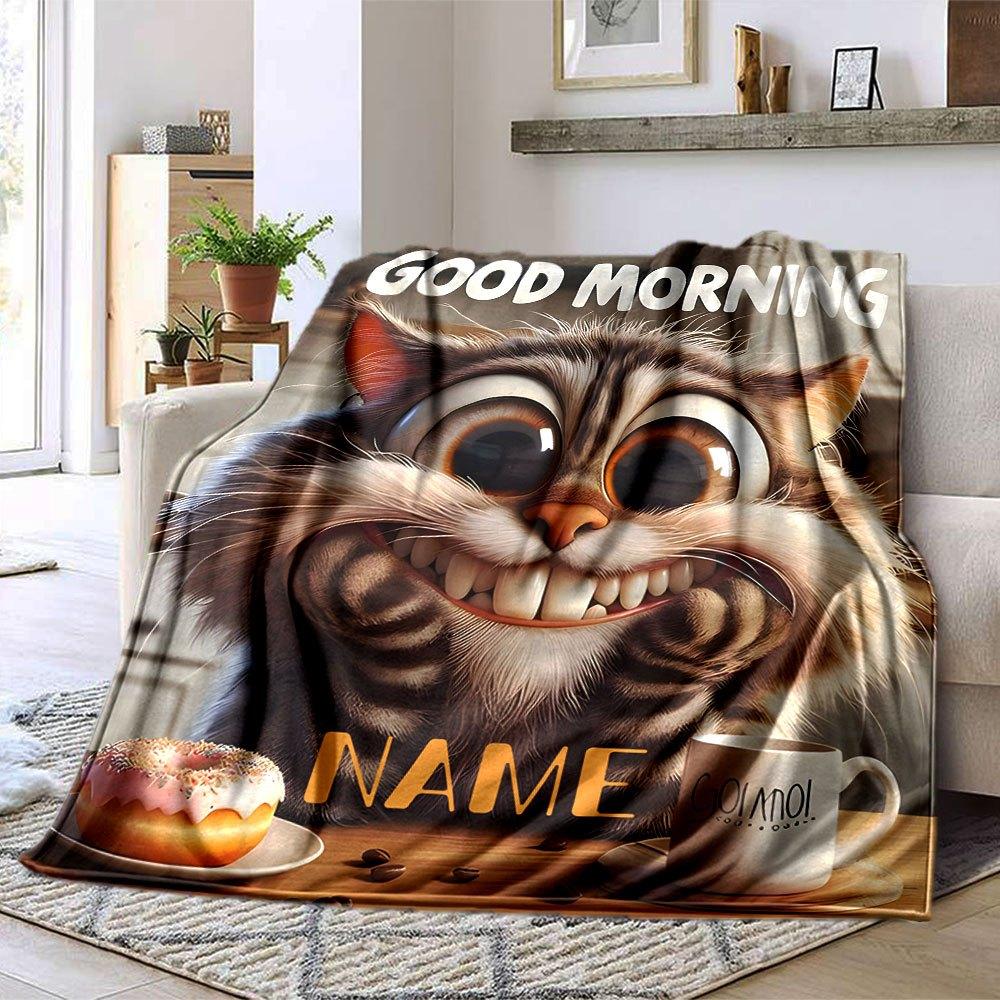 Cute Cat Breakfast Lightweight Customizable Blanket Customize Text Comfortable Throw For Sofa Couch Office Bed Picnics All Season Use Cozy Home Lovers