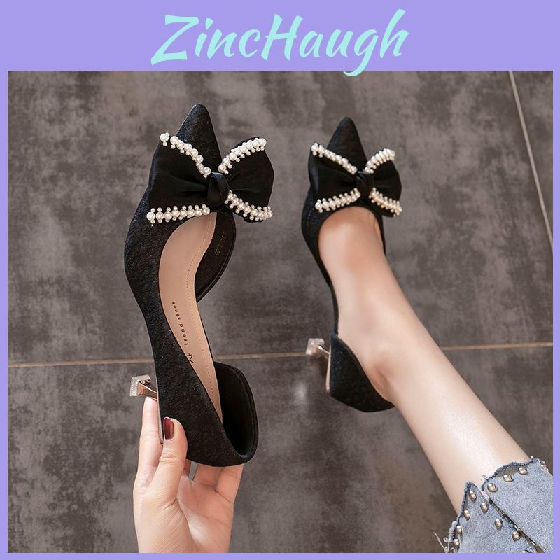 High Heels Women Elegant Pearl Butterfly Knot Pointed Toe Slipon For Daily Wear
