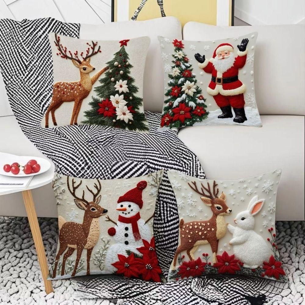 Linen Throw Cushion Cover Elk Santa Claus Snowman Xmas Tree Pillow Case  Living Room