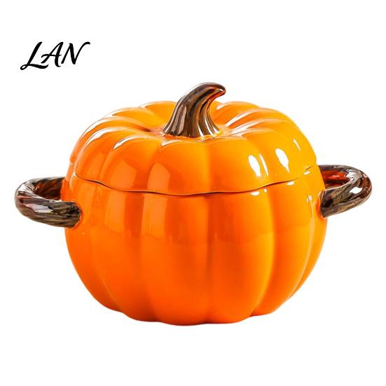Versatile Ceramic Serving Vessel Pumpkin Soup Bowl with Lid And Double Handle, Microwave Safe Decorative Cute Kitchen Decor Bowl, Heat Resistant