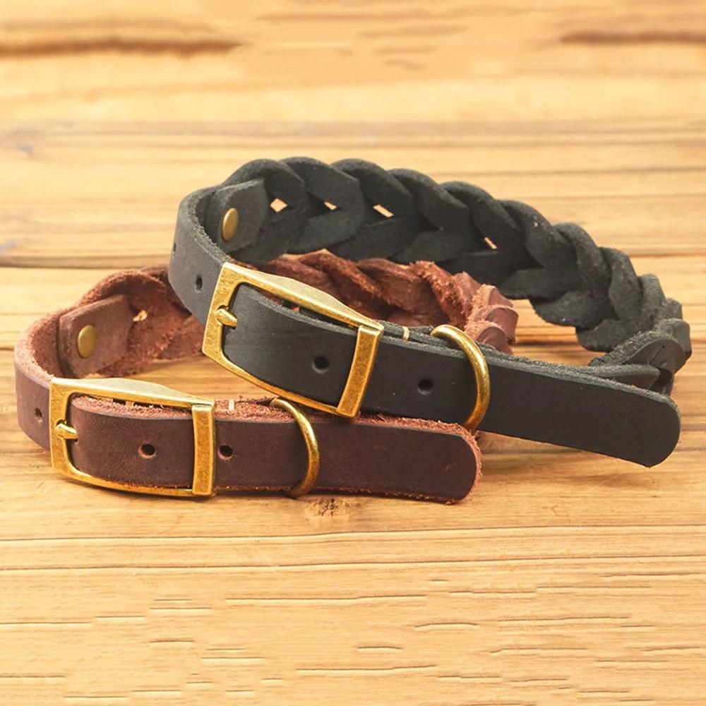 Плетеный ошейник для собак из натуральной кожи, регулируемые ошейники для питомцев и щенков для собак малых и средних пород, аксессуары для выгула домашних животных на открытом воздухе