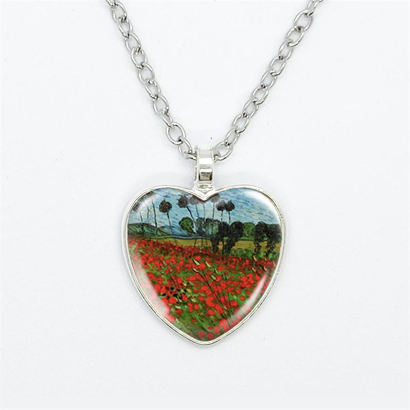Модное ожерелье Ван Гога «Звездная ночь» с подсолнухом, стеклянный кабошон, подвеска в виде сердца с принтом, фото ожерелья