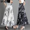 Summer Retro Black Printed Chiffon Half Length Skirt High Waist A-line Long Skirt Large Floral Umbrella Skirt for Women
