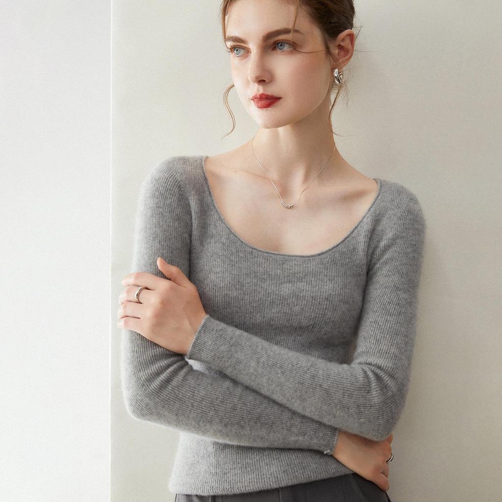 Elegant 100% Cashmere U-Neck Knit Sweater for Women - Slim-Fit, Ribbed, Soft, and Smooth