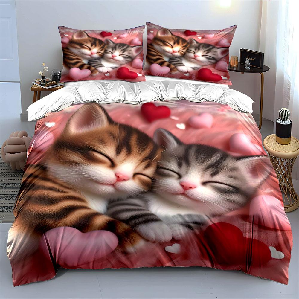 Cute Sleeping Tabby Kitten Bedding Set 3pcs, Pink Fluffy Heart Baby Cat Print Soft Duvet Cover,Adult and kids room decor,Gift