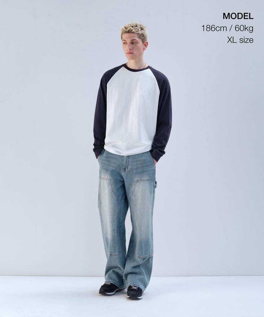 MUSINSA STANDARD Relaxed Rib Cuff Raglan Long Sleeve T-Shirt [White/Navy]