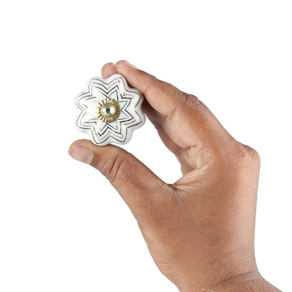 Ceramic Knobs for Drawers, Assorted Door Knob, Indian Handmade Decorative Drawer Knobs or Drawer Handles, White and Gold, Glazed Finished, Pack of 15