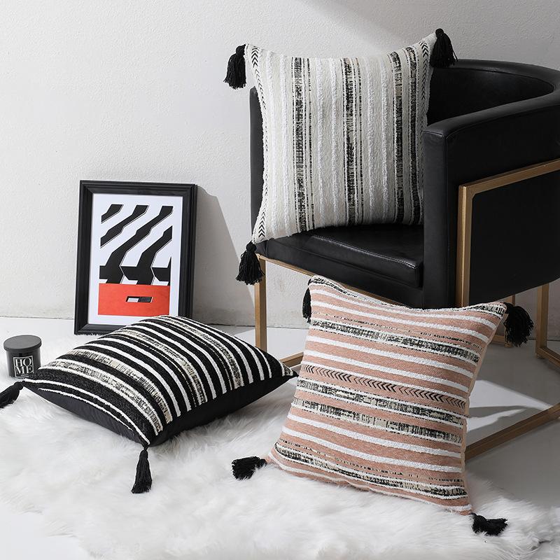 Dyed Jacquard Striped Geometric Tassel Pillow Cover