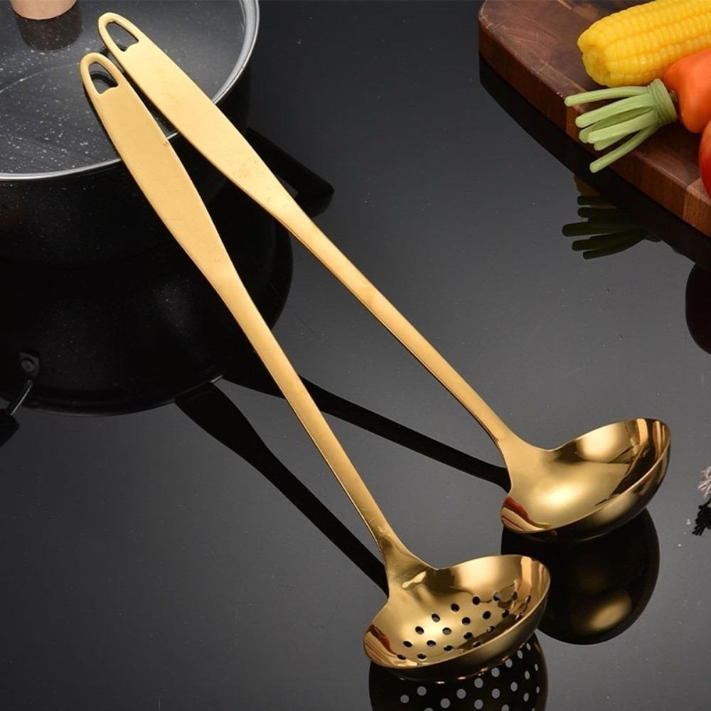Anti Scald Soup Spoon Colander Long Handle Kitchen Tableware Gold Cooking Utensils Catering