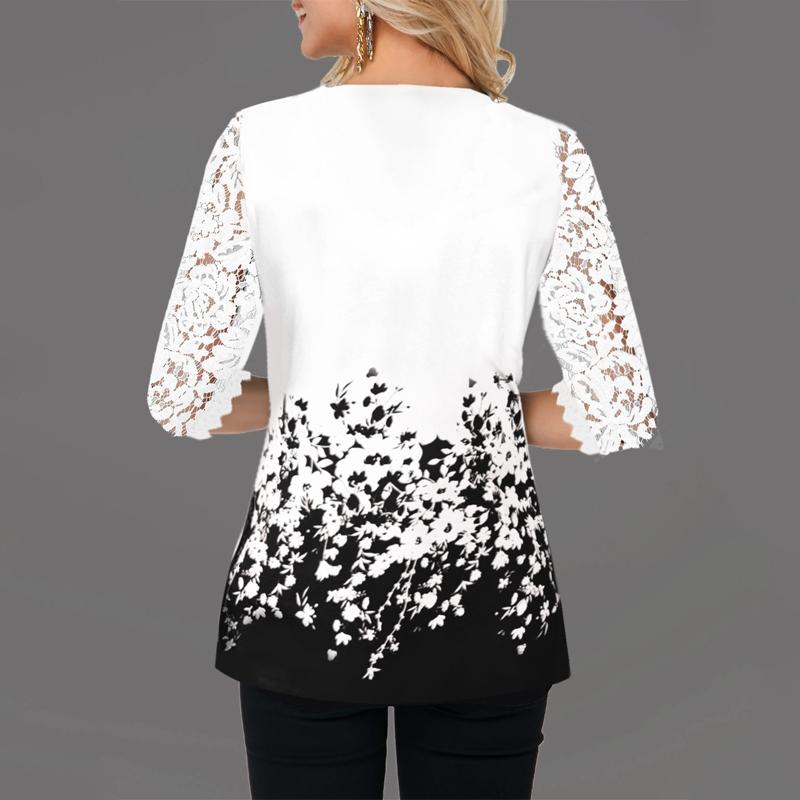 Women's Fashion Lace V Neck Half Sleeves Lace Tops Loose Printed Pullover T-shirt Casual Blouse