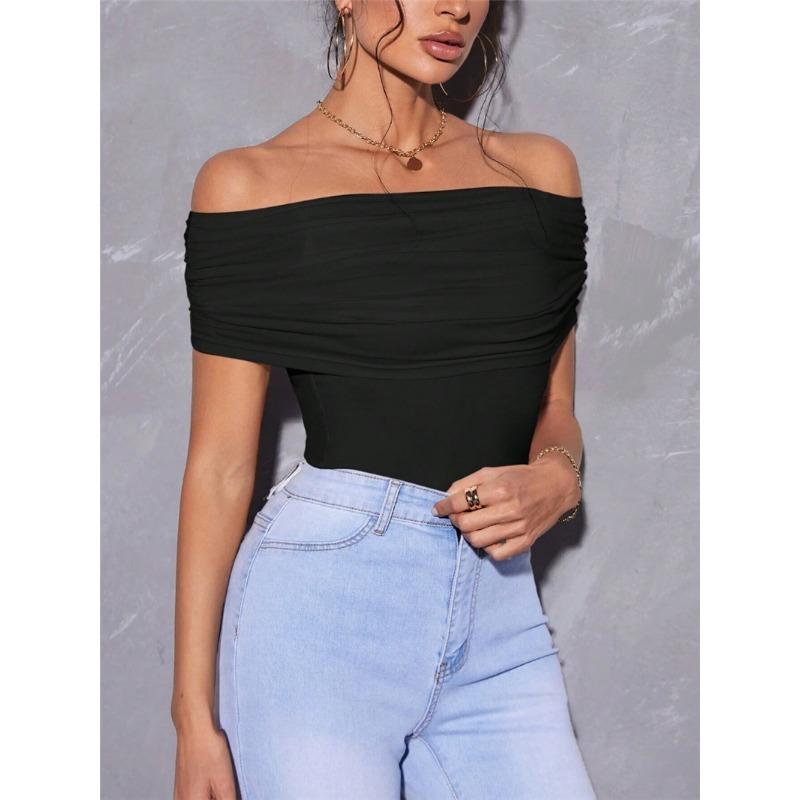 Женская летняя плиссированная облегающая футболка без бретелек с одним вырезом