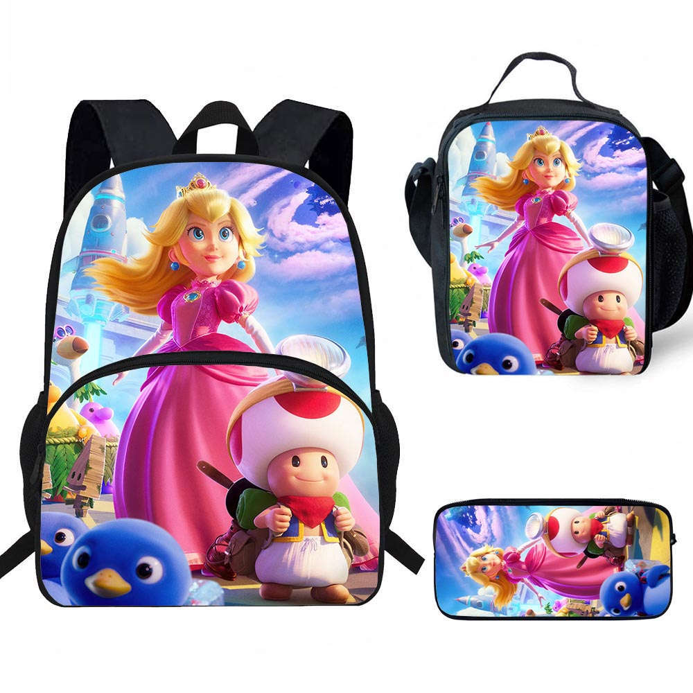 Mario Cartoon Backpack, Lunch Bag, and Pencil Case—New Stationery Set, Suitable for Grades 3–6