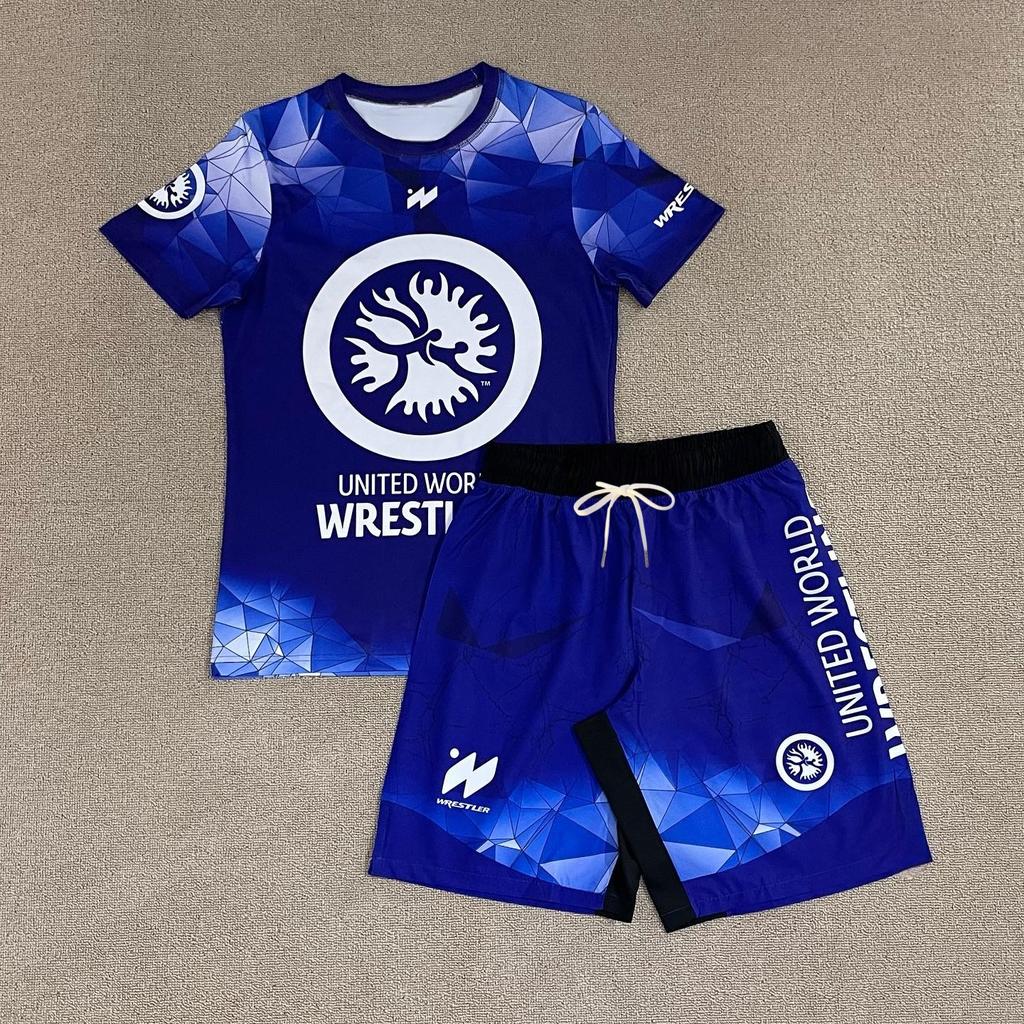 2026 Новый Спортивный Комплект United World Wrestling Мужской Детский Черно-Белая Футболка и Шорты Быстросохнущий Боевой Костюм для Тренировок MMA