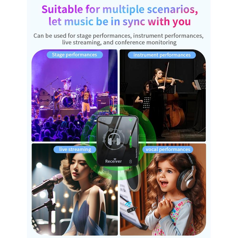 2.4G Wireless In-Ear Monitor System Low Latency Wireless IEM Transmitter Receiver 30m Transmission 5H Battery for Stage/Streaming
