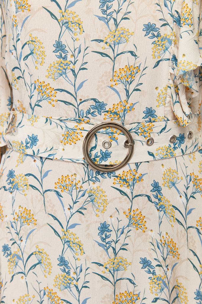 Women's Hijab Dress New Season Fashion Stone Floral Lined Ruffle Detailed Belted Woven Dress