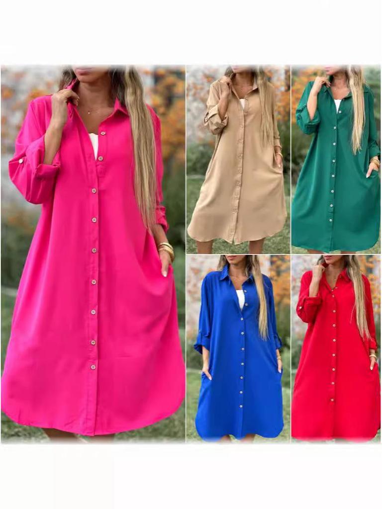 Весна 2024 Женское платье-рубашка с длинным рукавом из хлопка и льна