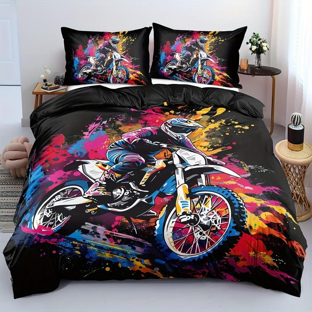 2/3pcs Soft Comfortable Duvet Cover, Motorcycle Bedding, Racing Motorcycle Bedding Queen Size, Colored Tie Dye Bedding, Car Game Room Decor