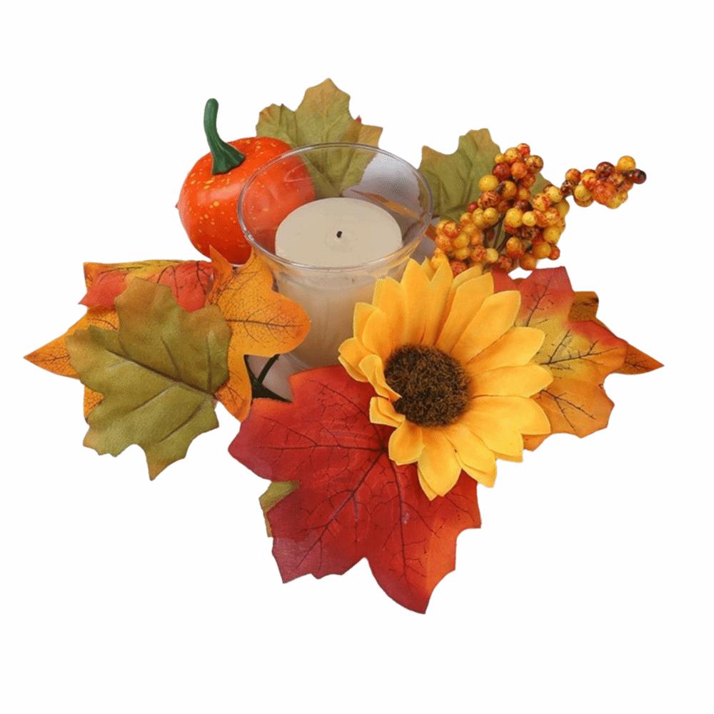 Artificial Candle Ring Wreath Handmade Maple Pumpkin Wreath Autumn Floral Garland Table Decor