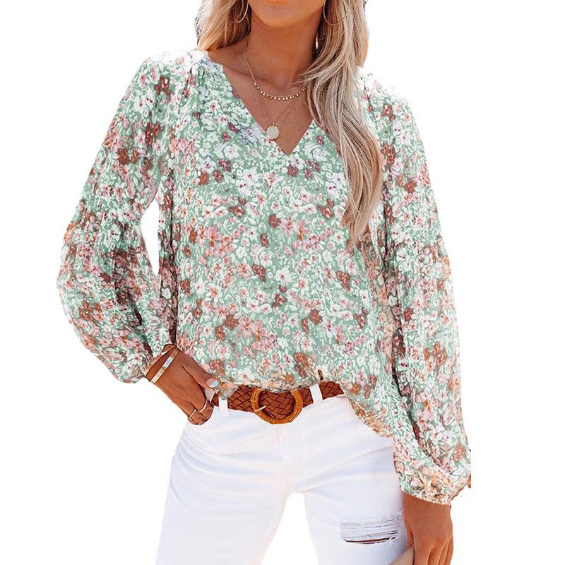 Fashion Women's Casual Tops Spring/Summer V-neck Lantern Sleeve Floral Chiffon Shirt Top with Lining Comfortable and Versatile T-shirt for Ladies
