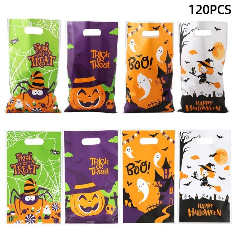 10/120Pcs Halloween Trick Or Treat Goody Bags Cute Cartoon Prints Portable Handles For Kids Halloween Party Favors