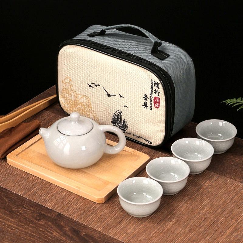 Travel Tea Set Retro Outdoor Portable Kung Fu Ceramics One Pot Four Cups with Tea Tray Company Gifts Cheap