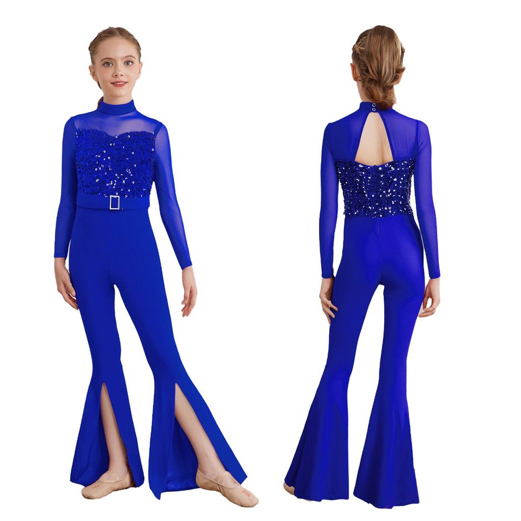 Bell-Bottom Jumpsuit for Girls: Mock Neck Long Sleeve with Sequins Bodice, Sheer Mesh & Back Cutout for Competition