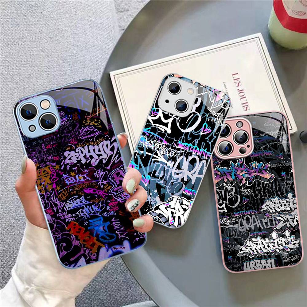 Крутая Черная Граффити Защитная Крышка из Закаленного Стекла для iPhone 14 13 12 Mini 11 Pro XS Max X XR 14 Plus