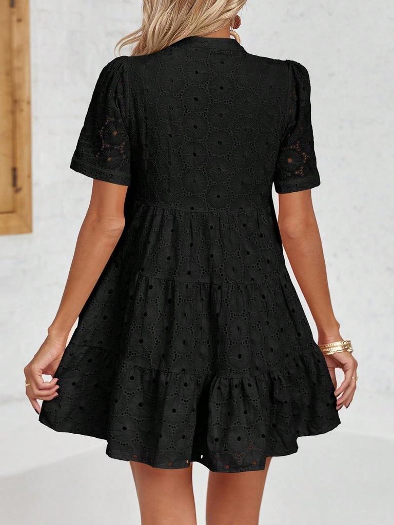 Women's Eyelet Lace Babydoll Dress Short Sleeve V Neck Flowy Summer Tunic Dress